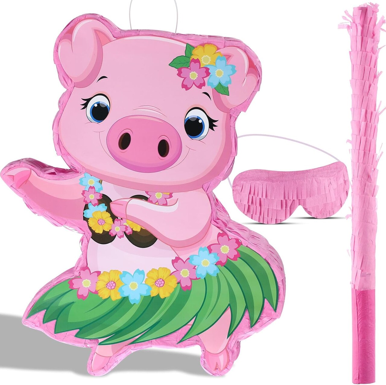 Small Pig Piñata Hawaiian Party Decorations Pink Pig Piñata with Blindfold Stick for Summer Hawaii Aloha Tropical Themed Birthday Party Supplies, 16.5 x 12.4 x 3.1 Inch